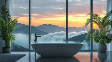 Round bathtub in front of glass walls framing misty mountain view at dawnの素材