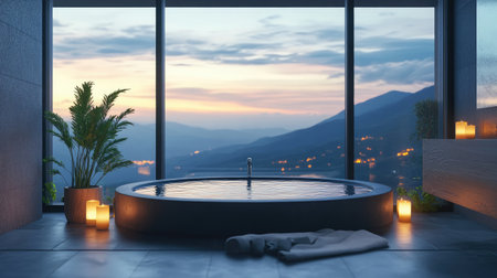 Tub with candles beside a floor-to-ceiling window facing glowing mountain ridge at twilightの素材