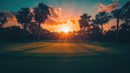 Breathtaking sunset over a tropical golf course casting golden hues across the green and palmsの素材