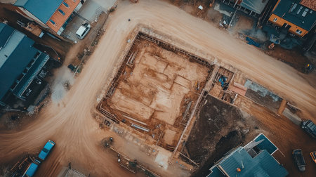 Aerial view of a foundation being laid out in urban construction with clear trench outlinesの素材