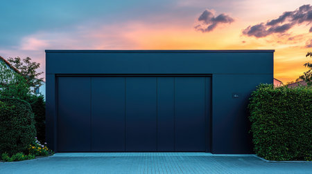 A sleek storage box integrated into landscape design, framed by bushes and a pastel sunset skyの素材