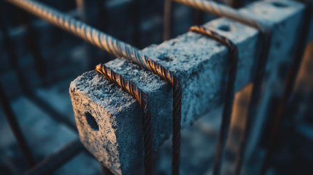 Close-up of rebar ties and intersection points within concrete formwork baseの素材
