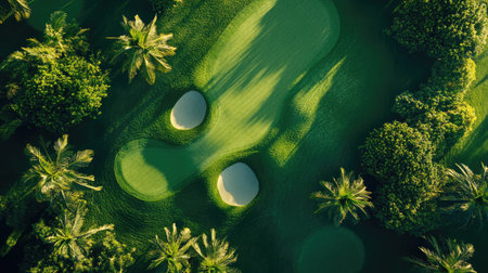Aerial view of coastal golf greens with palm tree clusters, water hazards, and vibrant tropical landscapingの素材