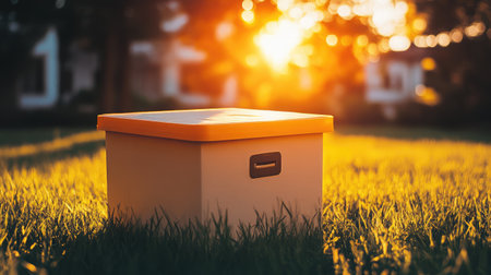 Clean and minimal storage box on green grass, highlighted by fading orange light from the skyの素材