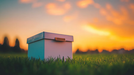 Clean and minimal storage box on green grass, highlighted by fading orange light from the skyの素材