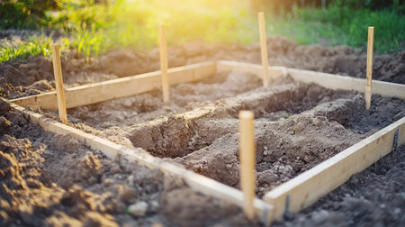 Clean and precise layout of building foundation with corner stakes and chalk linesの素材