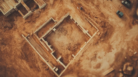 Clean and precise layout of building foundation with corner stakes and chalk linesの素材