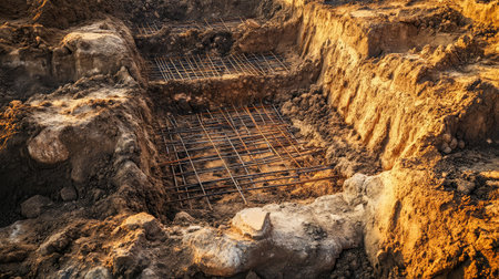 High-angle view of multiple foundation trenches lined with plastic and rebar gridの素材