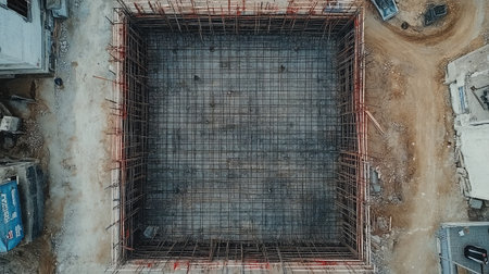 Construction site with grid layout for commercial building foundation in early stageの素材