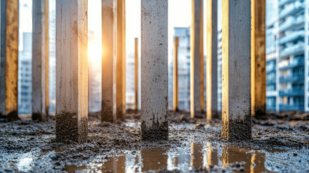 Isolated view of foundation piers surrounded by damp soil in a partially built siteの素材