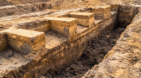 Exposed foundation trenches showing soil layers and underground prep for drainageの素材