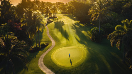 Curved fairway on a sunny tropical golf course surrounded by native coastal plants and palm treesの素材