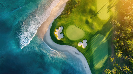 Green golf course turf contrasting with deep blue ocean waves and scattered palm tree silhouettesの素材