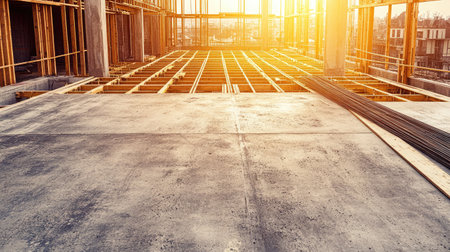 Concrete foundation of a building under construction with visible rebar grid and wooden framingの素材