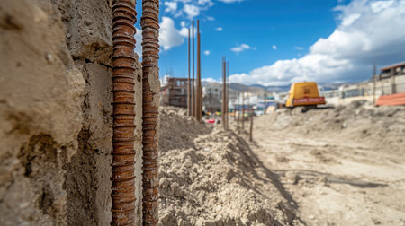 Concrete forms for piers with exposed rebar rising vertically at a foundation siteの素材
