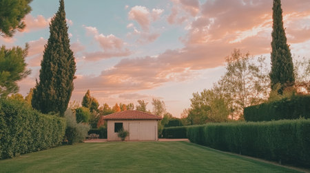 Landscape with storage shed under a pastel sunset sky and groomed hedges and treesの素材