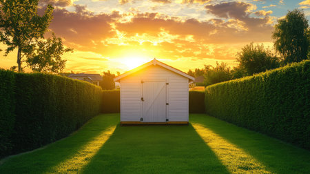 Neatly placed garden storage shed on a lush green lawn with a glowing sunset sky and trimmed hedgesの素材
