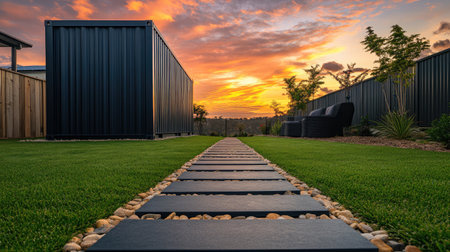 Low-profile storage container set among stone pavers with manicured grass and fiery skyの素材