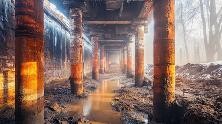Isolated view of foundation piers surrounded by damp soil in a partially built siteの素材