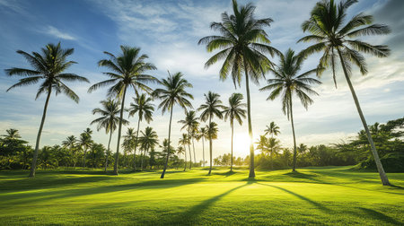 Serene golf course scene with tall coconut trees, lush fairways, and ocean breeze under the sunの素材