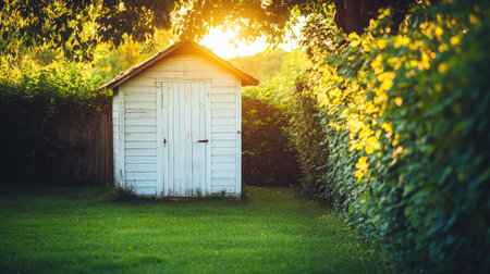 Small storage shed on well-maintained lawn surrounded by shrubs and illuminated by golden hour lightの素材