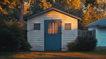 Small storage shed on well-maintained lawn surrounded by shrubs and illuminated by golden hour lightの素材