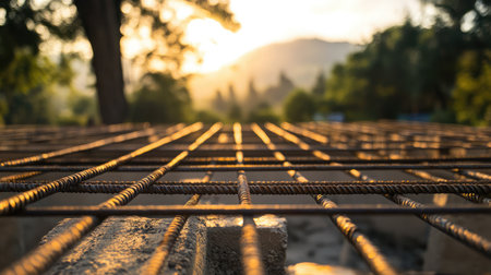 Steel rebar cage set in trenches for reinforced concrete foundation in early construction stageの素材