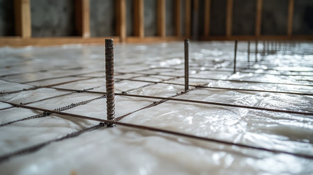 Under-slab insulation panels and steel reinforcement grid ready for concrete pourの素材