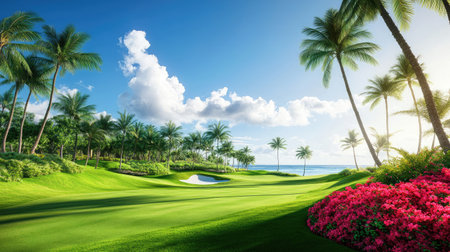 Wide angle of a tropical golf course fairway bordered by palm trees and flowering shrubs under clear blue skiesの素材