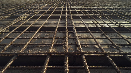 Under-slab insulation panels and steel reinforcement grid ready for concrete pourの素材
