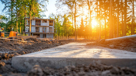 View of poured concrete slab foundation curing under open sky with construction tools nearbyの素材
