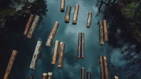 Timber logs floating in water near a riverbank, ready for transportationの素材