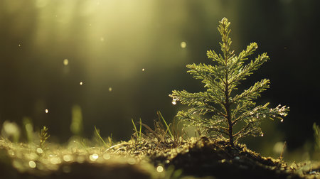 Tree seedling under natural light with visible droplets and fresh mulchの素材