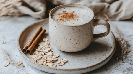 Oatmeal smoothie in a cup next to rolled oats and cinnamon powder on a neutral plateの素材