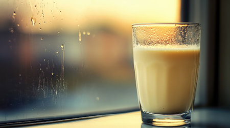 Smoothie in a glass with tiny bubbles, reflecting morning light on a windowsillの素材