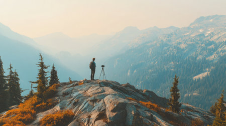 Solo camera on tripod catching golden ridge lines across a tranquil mountain expanseの素材