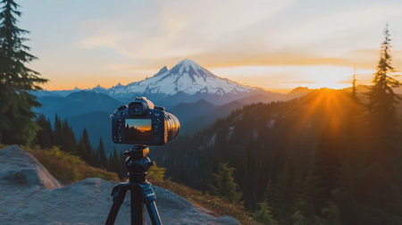 Camera on a tripod pointed at a sunrise over mountain peaks, casting golden light across the landscapeの素材