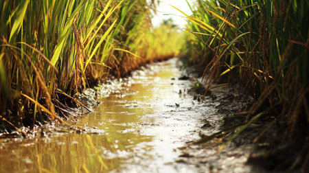 Tight grip on rice stalks with rich soil background and narrow irrigation channelsの素材