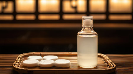 Clear toner bottle and cotton rounds on a bamboo tray with zen-style backgroundの素材