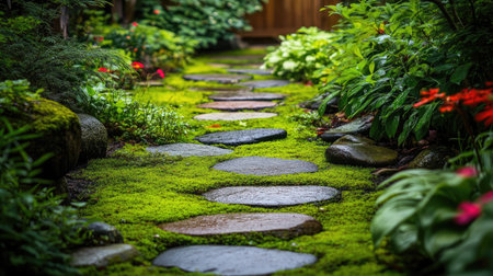Hidden garden path covered in creeping vines and mossy stonesの素材