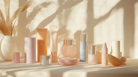 Assorted makeup containers without labels on a beige background with soft shadow playの素材