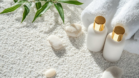 Flat lay of unbranded skincare bottles with gold caps and natural stones on a spa towelの素材