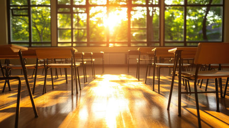 Empty classroom at sunset, casting golden shadows across the floor and desksの素材