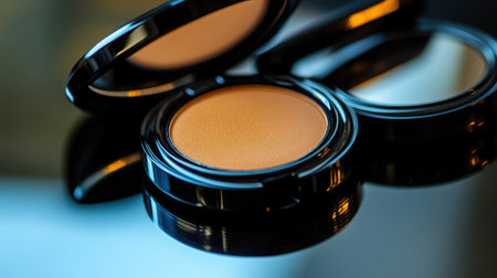 High-angle view of compact makeup products without branding on reflective black glassの素材