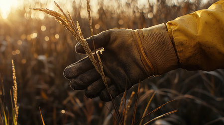 Gloved hand holding sunlit rice stalks in golden hour with warm tones all aroundの素材