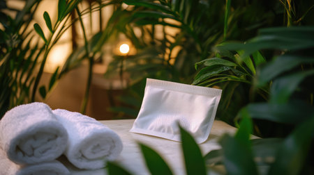 Opened unbranded face mask pouch on a spa bench surrounded by rolled towels and greeneryの素材