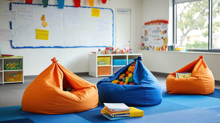 Creative classroom space with beanbags, whiteboard walls, and vibrant decorationsの素材