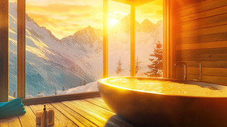 Minimal bath with bright daylight illuminating a tub and soft mountain shadowsの素材