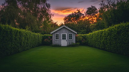 Neatly placed garden storage shed on a lush green lawn with a glowing sunset sky and trimmed hedgesの素材