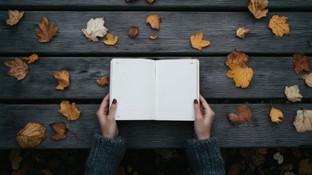 Single hand holding a journal open atop a wooden bench with scattered autumn leavesの素材